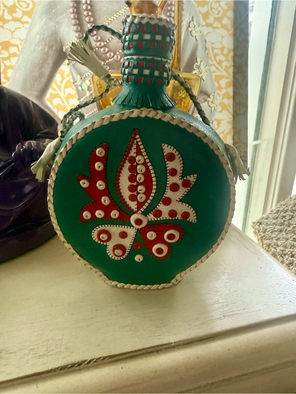 Vintage Balkan Folk Art Embellished Leather Wrapped Glass Flask Decanter Canteen